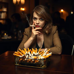 Emma Stone sitting at a dark wooden table, the atmosphere is moody with soft warm lighting