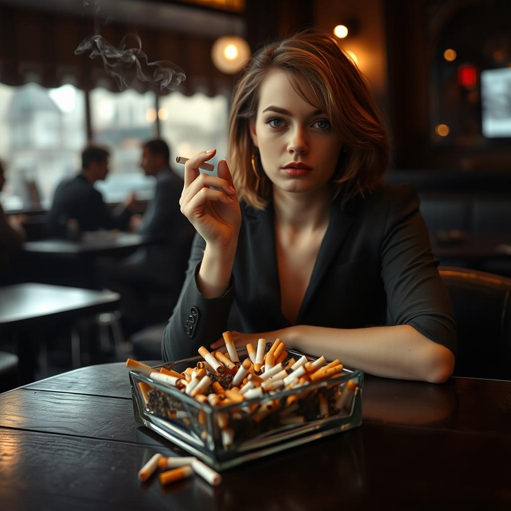 Emma Stone sitting at a dark wooden table, the atmosphere is moody with soft warm lighting