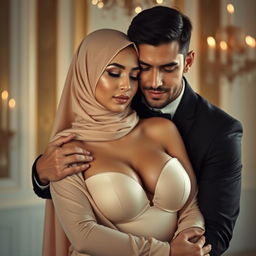 A captivating and intimate scene featuring a sexy woman with size 105 breasts, elegantly wearing a hijab