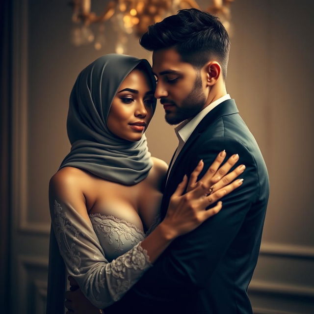 A captivating and intimate scene featuring a sexy woman with size 105 breasts, elegantly wearing a hijab