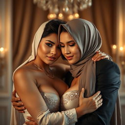 A captivating and intimate scene featuring a sexy woman with size 105 breasts, elegantly wearing a hijab