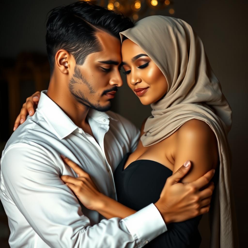 A captivating and intimate scene featuring a sexy woman with size 105 breasts, elegantly wearing a hijab