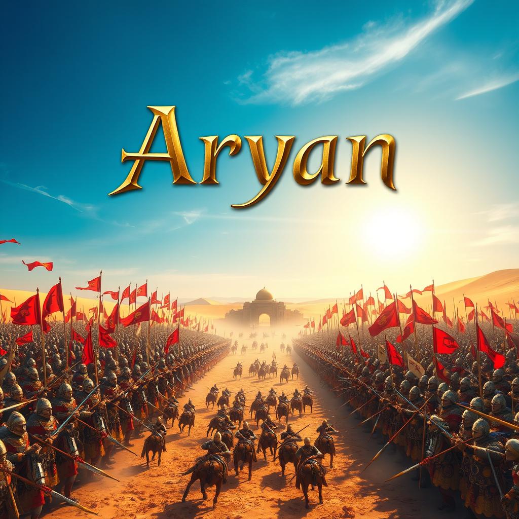 An awe-inspiring scene depicting two magnificent ancient armies engaged in a glorious battle in a vast desert, each army comprised of 10,000 warriors clad in ornate and colorful armor