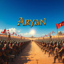 An awe-inspiring scene depicting two magnificent ancient armies engaged in a glorious battle in a vast desert, each army comprised of 10,000 warriors clad in ornate and colorful armor