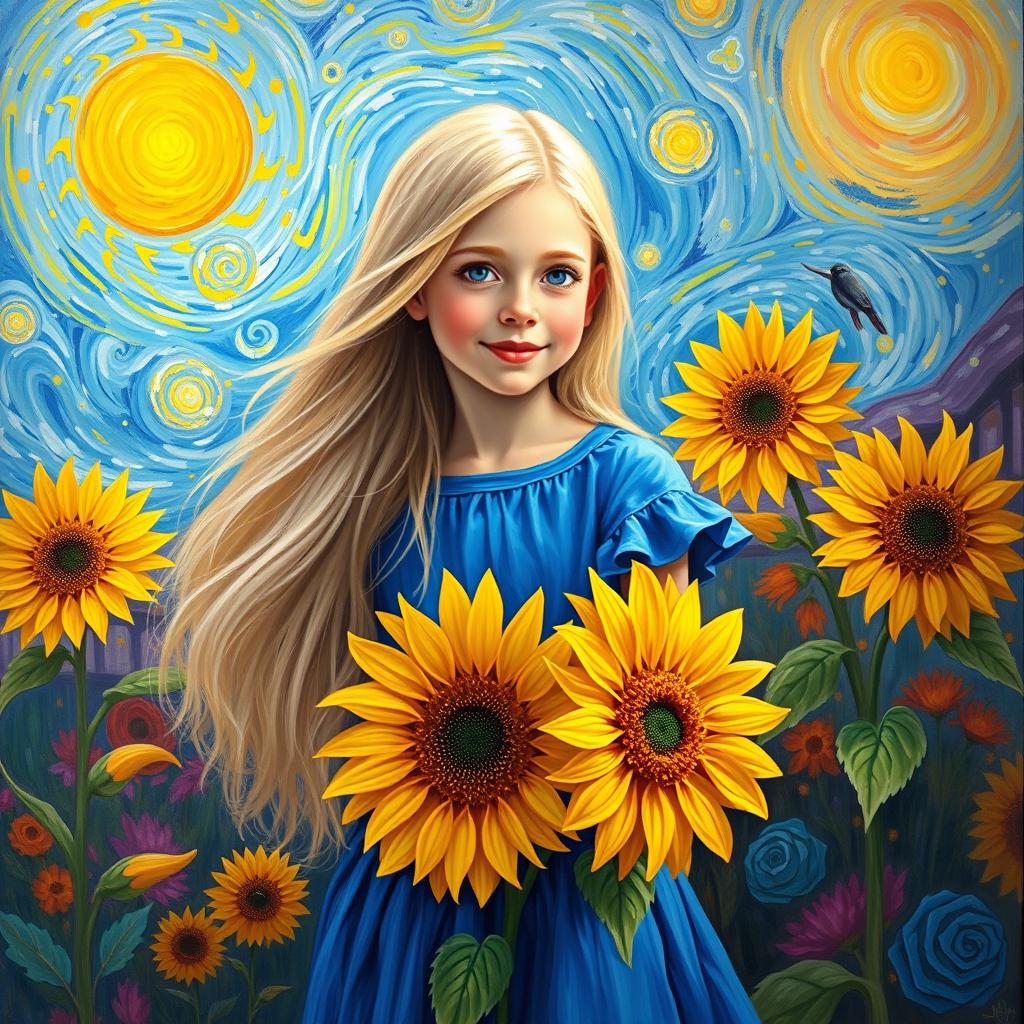A beautiful painting inspired by Van Gogh featuring a girl holding a sunflower