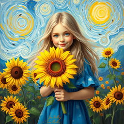 A beautiful painting inspired by Van Gogh featuring a girl holding a sunflower