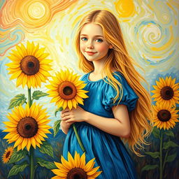 A beautiful painting inspired by Van Gogh featuring a girl holding a sunflower