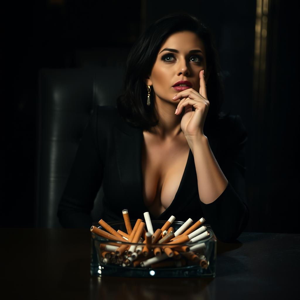 Sasha Grey sitting elegantly at a dimly lit table, her expression thoughtful as she gazes into the distance