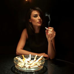 Sasha Grey sitting elegantly at a dimly lit table, her expression thoughtful as she gazes into the distance