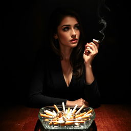 Sasha Grey sitting elegantly at a dimly lit table, her expression thoughtful as she gazes into the distance