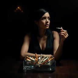 Sasha Grey sitting elegantly at a dimly lit table, her expression thoughtful as she gazes into the distance