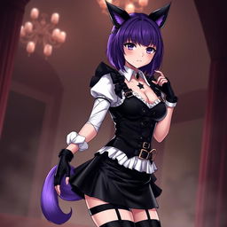 A seductive gothic Kitsune anime girl maid with shoulder-length purple hair styled in a neat bun