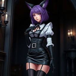 A seductive gothic Kitsune anime girl maid with shoulder-length purple hair styled in a neat bun