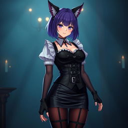 A seductive gothic Kitsune anime girl maid with shoulder-length purple hair styled in a neat bun