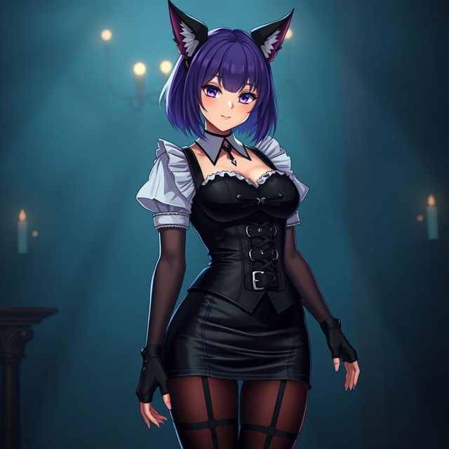 A seductive gothic Kitsune anime girl maid with shoulder-length purple hair styled in a neat bun