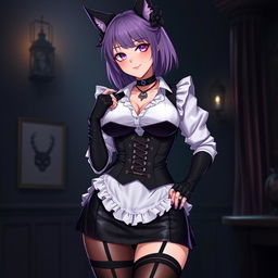 A seductive gothic Kitsune anime girl maid with shoulder-length purple hair styled in a neat bun