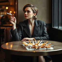 Lena Meyer-Landrut seated at a stylish café table, her posture relaxed as she holds a cigarette elegantly in her right hand