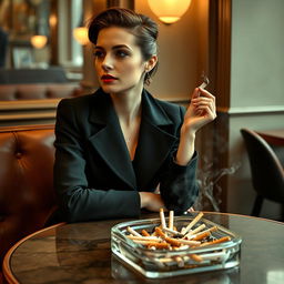 Lena Meyer-Landrut seated at a stylish café table, her posture relaxed as she holds a cigarette elegantly in her right hand