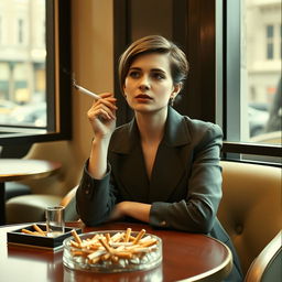 Lena Meyer-Landrut seated at a stylish café table, her posture relaxed as she holds a cigarette elegantly in her right hand