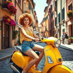 A girl with short curly orange hair, wearing denim shorts and a lively summer top, confidently riding a bright yellow Vespa motorcycle