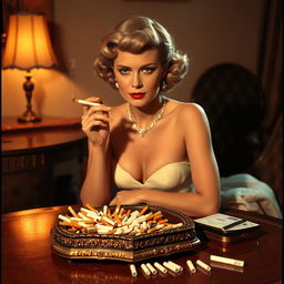 A glamorous Grace Kelly sitting elegantly at a vintage table, surrounded by an ambiance of 1950s luxury