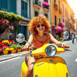 A girl with short curly orange hair wearing orange All-Star shoes, joyfully riding a vibrant yellow Vespa motorcycle through the picturesque streets of Italy