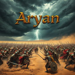 An intense scene illustrating two grand ancient armies locked in battle in a vast desert, each consisting of 10,000 warriors donned in intricate, colorful armor
