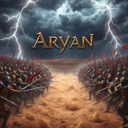An intense scene illustrating two grand ancient armies locked in battle in a vast desert, each consisting of 10,000 warriors donned in intricate, colorful armor