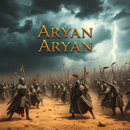 An intense scene illustrating two grand ancient armies locked in battle in a vast desert, each consisting of 10,000 warriors donned in intricate, colorful armor