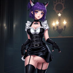 A mesmerizing gothic Kitsune anime girl maid featuring striking gothic makeup and shoulder-length purple hair elegantly styled in a bun