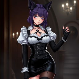 A mesmerizing gothic Kitsune anime girl maid featuring striking gothic makeup and shoulder-length purple hair elegantly styled in a bun
