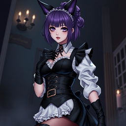 A mesmerizing gothic Kitsune anime girl maid featuring striking gothic makeup and shoulder-length purple hair elegantly styled in a bun