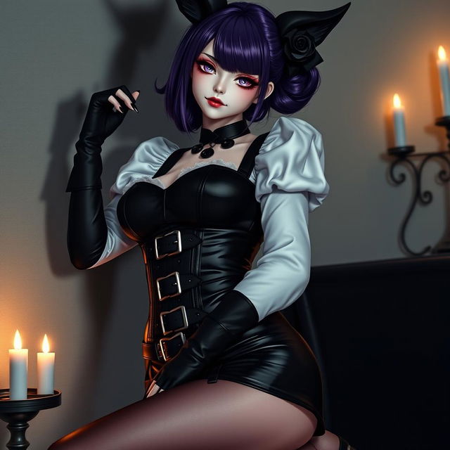 A mesmerizing gothic Kitsune anime girl maid featuring striking gothic makeup and shoulder-length purple hair elegantly styled in a bun