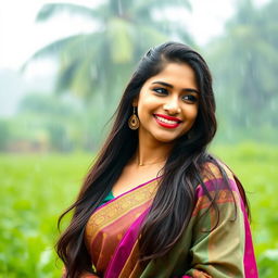 A beautiful Indian woman, known as bhabhi, standing gracefully in a lush green landscape during a gentle rain