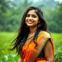 A beautiful Indian woman, known as bhabhi, standing gracefully in a lush green landscape during a gentle rain