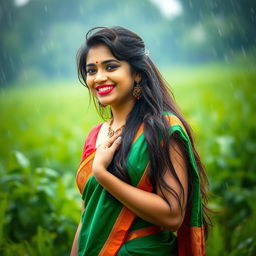 A beautiful Indian woman, known as bhabhi, standing gracefully in a lush green landscape during a gentle rain