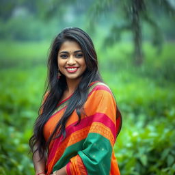 A beautiful Indian woman, known as bhabhi, standing gracefully in a lush green landscape during a gentle rain