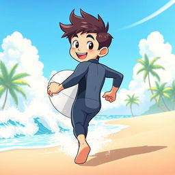 A vibrant and colorful anime-style tourism ad featuring a friendly surfer teen boy in a sleek wetsuit