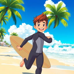 A vibrant and colorful anime-style tourism ad featuring a friendly surfer teen boy in a sleek wetsuit