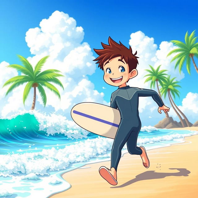 A vibrant and colorful anime-style tourism ad featuring a friendly surfer teen boy in a sleek wetsuit