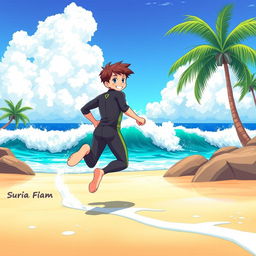 A vibrant and colorful anime-style tourism ad featuring a friendly surfer teen boy in a sleek wetsuit