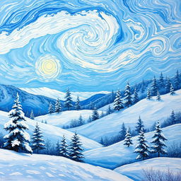 A beautiful interpretation of a snowy landscape inspired by Vincent van Gogh's style, featuring swirling skies in shades of blue and white, snow-covered trees and hills, and vibrant brush strokes that convey a sense of tranquility and cold