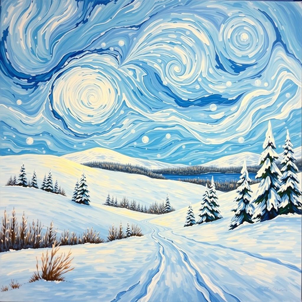 A beautiful interpretation of a snowy landscape inspired by Vincent van Gogh's style, featuring swirling skies in shades of blue and white, snow-covered trees and hills, and vibrant brush strokes that convey a sense of tranquility and cold