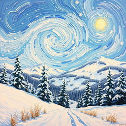 A beautiful interpretation of a snowy landscape inspired by Vincent van Gogh's style, featuring swirling skies in shades of blue and white, snow-covered trees and hills, and vibrant brush strokes that convey a sense of tranquility and cold
