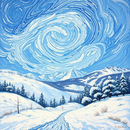 A beautiful interpretation of a snowy landscape inspired by Vincent van Gogh's style, featuring swirling skies in shades of blue and white, snow-covered trees and hills, and vibrant brush strokes that convey a sense of tranquility and cold