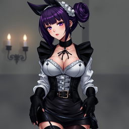A striking gothic Kitsune anime girl maid with shoulder-length purple hair elegantly styled in a bun