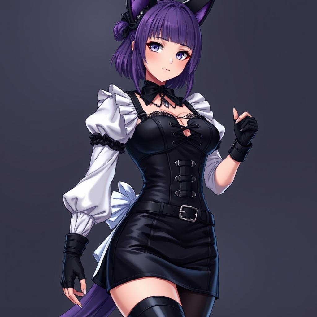 A striking gothic Kitsune anime girl maid with shoulder-length purple hair elegantly styled in a bun