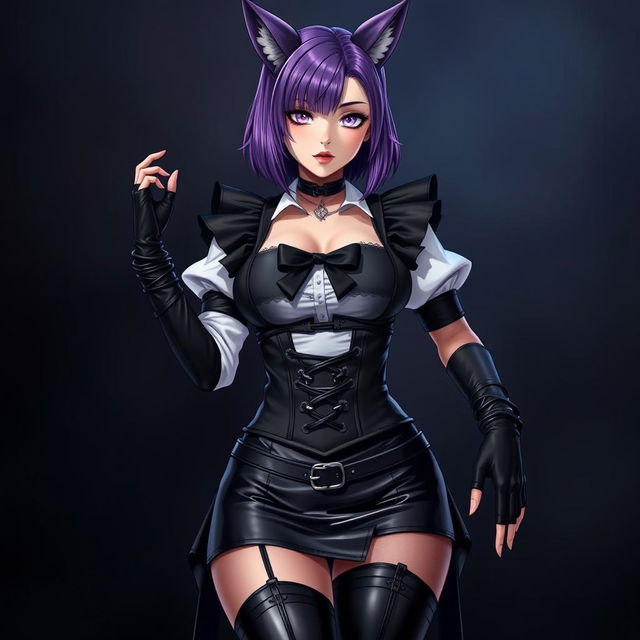 A striking gothic Kitsune anime girl maid with shoulder-length purple hair elegantly styled in a bun