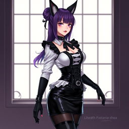 A striking gothic Kitsune anime girl maid with shoulder-length purple hair elegantly styled in a bun