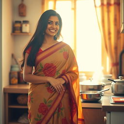 An elegant housewife wearing a traditional saree, showcasing a vibrant pattern and beautiful draping